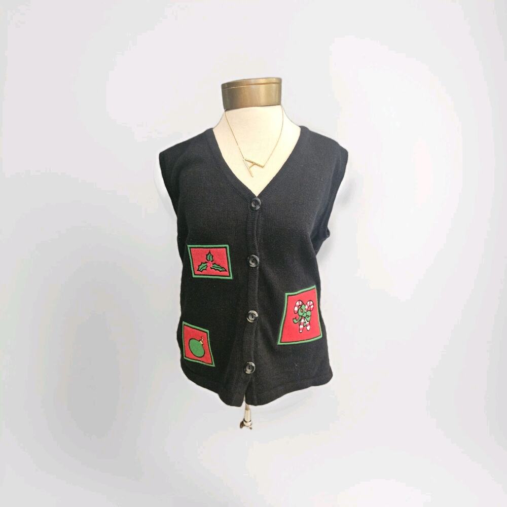 Vintage Cute Ugly Christmas Holiday Sleeveless Sweater Vest Black‎ Medium M/L